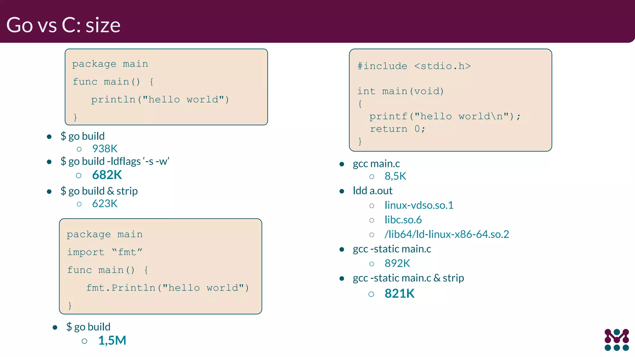 Go vs C: size ● gcc main.c ○ 8,5K ● ldd a.out ○ linux-vdso.so.1 ○ libc.so.6 ○ /lib64/ld-linux-x86-64.so.2 ● gcc -static main.c ○ 892K ● gcc -static main.c & strip ○ 821K package main func main() { println("hello world") } #include <stdio.h> int main(void) { printf("hello worldn"); return 0; }● $ go build ○ 938K ● $ go build -ldflags ‘-s -w’ ○ 682K ● $ go build & strip ○ 623K package main import “fmt” func main() { fmt.Println("hello world") } ● $ go build ○ 1,5M 