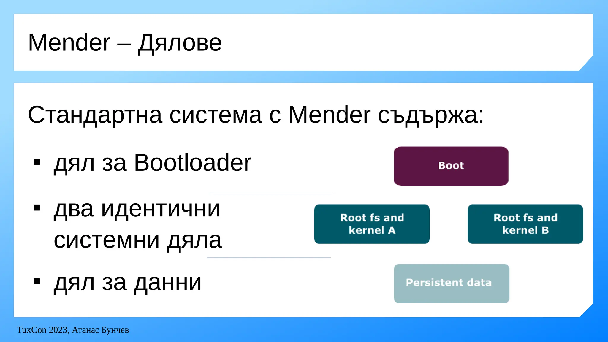 TuxCon 2023, Атанас Бунчев
Mender – Дялове
Стандартна система с Mender съдържа:

дял за Bootloader

два идентични
системни дяла

дял за данни
 