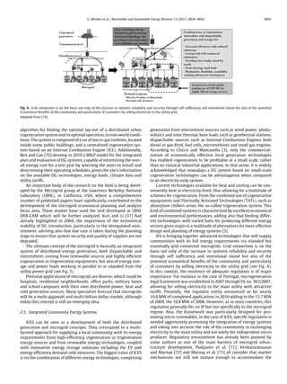 G. Mendes et al. / Renewable and Sustainable Energy Reviews 15 (2011) 4836–4854 4841
Fig. 4. Grid connection is on the basis not only of the increase in systems reliability and security through self sufﬁciency and intentional island but also of the potential
economical beneﬁts of the community and particularly of customers by selling electricity to the utility grid.
Adapted from [74].
algorithm for ﬁnding the optimal lay-out of a distributed urban
cogeneration system and its optimal operation, in real-world condi-
tions. The system is composed of a set of micro-gas turbines, located
inside some public buildings, and a centralized cogeneration sys-
tem based on an Internal Combustion Engine (ICE). Additionally,
Ren and Gao [70] develop in 2010 a MILP model for the integrated
plan and evaluation of DG systems, capable of minimizing the over-
all energy cost for a test year by selecting the units to install and
determining their operating schedules, given the site’s information
on the available DG technologies, energy loads, climate data and
utility tariffs.
An important body of the research on the ﬁeld is being devel-
oped by the Microgrid group at the Lawrence Berkeley National
Laboratory (LBNL), in California, USA, where a comprehensive
number of published papers have signiﬁcantly contributed to the
development of the microgrid economical planning and analysis
focus area. These studies have used the tool developed at LBNL
DER-CAM which will be further analyzed. Kuri and Li [37] had
already highlighted in 2004, the importance of the economical
viability of DG introduction, particularly in the deregulated envi-
ronment, advising also that due care is taken during the planning
stage to ensure that system security and quality of supplies are not
degraded.
The ultimate concept of the microgrid is basically an integrated
system of distributed energy generation, both dispatchable and
intermittent, coming from renewable sources and highly efﬁcient
cogeneration or trigeneration equipments, but also of energy stor-
age and power loads working in parallel to or islanded from the
utility power grid (see Fig. 3).
Potential applications of microgrids are diverse, which could be
hospitals, residential neighborhoods, ofﬁce parks, military bases
and school campuses with their own distributed power, heat and
cold generation sources. Many specialists forecast that microgrids
will be a multi-gigawatt and multi-billion dollar market, although
today this concept is still an emerging idea.
2.3. Integrated Community Energy Systems
ICES can be seen as a development of both the distributed
generation and microgrid concepts. They correspond to a multi-
faceted approach for supplying a local community with its energy
requirements from high-efﬁciency cogeneration or trigeneration
energy sources and from renewable energy technologies, coupled
with innovative energy storage solutions including the EV and
energy efﬁciency demand-side measures. The biggest value of ICES
is on the combination of different energy technologies, comprising
generation from intermittent sources such as wind power, photo-
voltaics and solar thermal, base loads such as geothermal stations,
dispatchable sources such as Internal Combustion Engines both
diesel or gas-ﬁred, fuel cells, microturbines and small gas engines.
According to Chicco and Mancarella [3], only the commercial-
ization of economically effective local generation technologies
has enabled cogeneration to be proﬁtable at a small scale, rather
than on classical industrial applications. In that sense, it is widely
acknowledged that nowadays a DG system based on small-scale
cogeneration technologies can be advantageous when compared
to an electricity-only system.
Current technologies available for heat and cooling can be con-
veniently heat or electricity-ﬁred, thus allowing for a multitude of
schemes for cogeneration. From the combined use of cogeneration
equipments and Thermally Activated Technologies (TATs), such as
absorption chillers arises the so-called trigeneration system. This
kind of combined systems is characterized by excellent economical
and environmental performances, adding also that feeding differ-
ent technologies with varied fuels for producing different energy
vectors gives origin to a multitude of alternatives for more effective
design and planning of energy systems [3].
IES is bringing together advanced technologies that will supply
communities with its full energy requirements via islanded but
essentially grid connected microgrids. Grid connection is on the
basis not only of the increase in systems reliability and security
through self sufﬁciency and intentional island but also of the
potential economical beneﬁts of the community and particularly
of customers by selling electricity to the utility grid (see Fig. 4).
In this context, the existence of adequate regulation is of major
importance. For instance in the case of Portugal, microgeneration
legal framework was established in 2007 through DL no. 363/2007,
allowing for selling electricity to the main utility with attractive
tariffs. Presently, the regulator entity announced so far nearly
10.6 MW of completed applications in 2010 adding to the 13.7 MW
of 2009, the 10.8 MW of 2008. However, as in most countries, this
regulation generally ﬁts on IP but not speciﬁcally to the microgrid
regime. Also, the framework was particularly designed for pro-
moting micro renewables. In the case of ICES, speciﬁc legislation is
needed aggressively promoting the integration of energy systems
and taking into account the role of the community in exchanging
electricity to the main utility and not solely the independent micro
producer. Regulatory environment has already been pointed by
some authors as one of the main barriers of microgrid infras-
tructure development. Pudjianto et al. [71], Venkataramanan
and Marnay [72] and Marnay et al. [73] all consider that market
mechanisms are still not mature enough to accommodate the
 