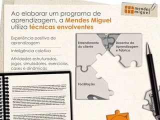 Experiência positiva de aprendizagem  Inteligência coletiva Facilitação Ao elaborar um programa de aprendizagem, a  Mendes Miguel  utiliza  técnicas envolventes Atividades estruturadas, jogos, simuladores, exercícios, cases e dinâmicas Entendimento do cliente  Desenho da Aprendizagem e Fábrica 