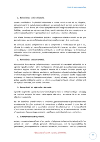 Racó de les endevinalles

2. Competència social i ciutadana.
Aquesta competència fa possible comprendre la realitat social en què es viu, cooperar,
conviure i exercir la ciutadania democràtica en una societat plural, així com comprometre's a
contribuir a la seua millora. En aquesta competència estan integrats coneixements diversos i
habilitats complexes que permeten participar, prendre decisions, triar com comportar-se en
determinades situacions i responsabilitzar-se de les eleccions i decisions adoptades.
Així mateix, formen part fonamental d'aquesta competència aquelles habilitats socials que
permeten saber que els conflictes de valors i interessos formen part de la convivència.
En conclusió, aquesta competència es basa a comprendre la realitat social en què es viu,
afrontar la convivència i els conflictes emprant el judici ètic basat en els valors i pràctiques
democràtiques, i exercir la ciutadania contribuint a la construcció de la pau i la democràcia, i
mantenint una actitud constructiva, solidària i responsable davant el compliment dels drets i
obligacions cíviques.
3. Competència cultural i artística.
El conjunt de destreses que configuren aquesta competència es refereix tant a l'habilitat per a
apreciar i gaudir amb l'art i altres manifestacions culturals, com a aquelles relacionades amb
l'ocupació d'alguns recursos de l'expressió artística per a realitzar creacions pròpies; açò
implica un coneixement bàsic de les diferents manifestacions culturals i artístiques, l'aplicació
d'habilitats de pensament divergent i de treball col·laboratiu, una actitud oberta, respectuosa i
crítica cap a la diversitat d'expressions artístiques i culturals, el desig i voluntat de conrear la
pròpia capacitat estètica i creadora, i un interès per participar en la vida cultural i artística, tant
de la pròpia comunitat, com d'altres comunitats.
4. Competència per a aprendre a aprendre.
Aprendre a aprendre suposa disposar d'habilitats per a iniciar-se en l'aprenentatge i ser capaç
de continuar aprenent de manera cada vegada més eficaç i autònoma d'acord als propis
objectius i necessitats.
És a dir, aprendre a aprendre implica la consciència, gestió i control de les pròpies capacitats i
coneixements des d'un sentiment de competència o eficàcia personal, i inclou tant el
pensament estratègic, com la capacitat de cooperar, de autoavaluar-se, i el maneig eficient
d'un conjunt de recursos i tècniques de treball intel·lectual, tot açò es desenvolupa a través
d'experiències d'aprenentatge conscients i gratificants, tant individuals com a col·lectives.
5. Autonomia i iniciativa personal.
Aquesta competència es refereix, d'una banda, a l'adquisició de la consciència i aplicació d'un
conjunt de valors i actituds personals interrelacionades, com la responsabilitat, la
perseverança, el coneixement de si mateix i l'autoestima, la creativitat, l'autocrítica, el control
FORMACIÓ LITERÀRIA A L’AULA D’INFANTIL

10

 