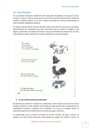 Racó de les endevinalles

4.2. Fase formativa
En les activitats formatives treballarem amb endevinalles focalitzades en tres grans centres
d’interès: la salut, la roba i les parts del cos i com ja hem comentat anteriorment, a banda de
treballar el folklore popular, es té com a objectiu principal que l’alumnat desenvolupe les
quatre habilitats lingüístiques bàsiques.
Cal destacar que durant tot el procés del taller faríem servir diversos recursos, per una banda,
desembullaríem les endevinalles que foren necessàries (tal com mostra la imatge), ja que
algunes requereixen una explicació d’acord al seu grau de dificultat de comprensió, per això,
caldrà dedicar-hi alguna sessió més i ho faríem explicant-les a través de dibuixos.

2. La meua família també sap endevinalles
Des del dia que comencem a treballar les endevinalles, vindran cada dos dies (una hora abans
d’acabar l’escola) un o dos membres de la família de cada xiquet/a que ens plantejaran una
endevinalla, la contaran i explicaran el seu significat.. Per a que no es puguen repetir, el
professorat aportarà a les famílies tots els recursos que siguen necessaris.
Les endevinalles que ens conten les famílies les anirem recollint, així doncs, crearem un
quadern en el que anirem arxivant-les. Cada vegada que vinguen les famílies a contar una
FORMACIÓ LITERÀRIA A L’AULA D’INFANTIL

12

 
