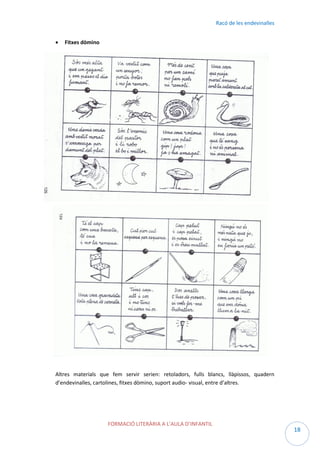 Racó de les endevinalles


Fitxes dòmino

Altres materials que fem servir serien: retoladors, fulls blancs, llàpissos, quadern
d’endevinalles, cartolines, fitxes dòmino, suport audio- visual, entre d’altres.

FORMACIÓ LITERÀRIA A L’AULA D’INFANTIL

18

 