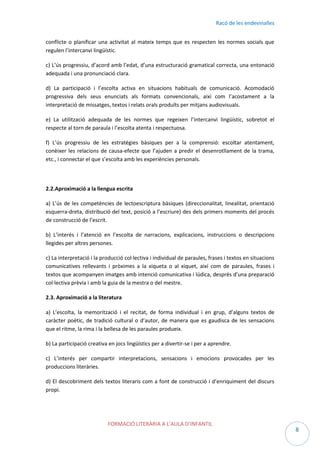 Racó de les endevinalles
conflicte o planificar una activitat al mateix temps que es respecten les normes socials que
regulen l’intercanvi lingüístic.
c) L’ús progressiu, d’acord amb l’edat, d’una estructuració gramatical correcta, una entonació
adequada i una pronunciació clara.
d) La participació i l’escolta activa en situacions habituals de comunicació. Acomodació
progressiva dels seus enunciats als formats convencionals, així com l’acostament a la
interpretació de missatges, textos i relats orals produïts per mitjans audiovisuals.
e) La utilització adequada de les normes que regeixen l’intercanvi lingüístic, sobretot el
respecte al torn de paraula i l’escolta atenta i respectuosa.
f) L’ús progressiu de les estratègies bàsiques per a la comprensió: escoltar atentament,
conèixer les relacions de causa-efecte que l’ajuden a predir el desenrotllament de la trama,
etc., i connectar el que s’escolta amb les experiències personals.

2.2.Aproximació a la llengua escrita
a) L’ús de les competències de lectoescriptura bàsiques (direccionalitat, linealitat, orientació
esquerra-dreta, distribució del text, posició a l’escriure) des dels primers moments del procés
de construcció de l’escrit.
b) L’interés i l’atenció en l’escolta de narracions, explicacions, instruccions o descripcions
llegides per altres persones.
c) La interpretació i la producció col·lectiva i individual de paraules, frases i textos en situacions
comunicatives rellevants i pròximes a la xiqueta o al xiquet, així com de paraules, frases i
textos que acompanyen imatges amb intenció comunicativa i lúdica, després d’una preparació
col·lectiva prèvia i amb la guia de la mestra o del mestre.
2.3. Aproximació a la literatura
a) L’escolta, la memorització i el recitat, de forma individual i en grup, d’alguns textos de
caràcter poètic, de tradició cultural o d’autor, de manera que es gaudisca de les sensacions
que el ritme, la rima i la bellesa de les paraules produeix.
b) La participació creativa en jocs lingüístics per a divertir-se i per a aprendre.
c) L’interés per compartir interpretacions, sensacions i emocions provocades per les
produccions literàries.
d) El descobriment dels textos literaris com a font de construcció i d’enriquiment del discurs
propi.

FORMACIÓ LITERÀRIA A L’AULA D’INFANTIL

8

 