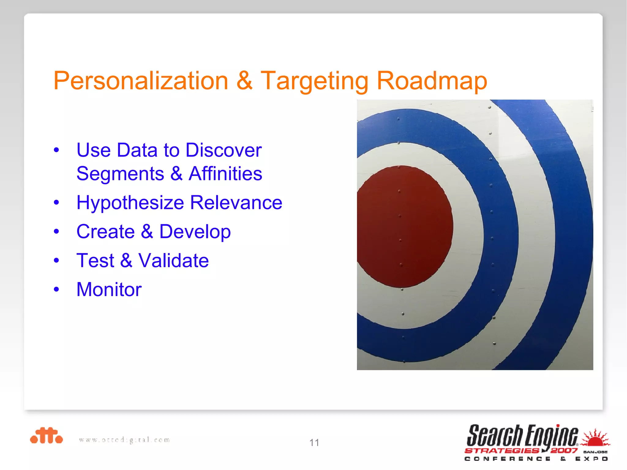 Personalization & Targeting Roadmap Use Data to Discover Segments & Affinities Hypothesize Relevance Create & Develop Test & Validate Monitor 