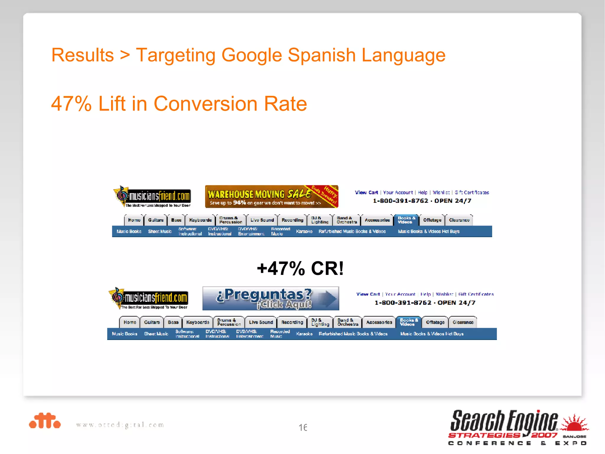 Results > Targeting Google Spanish Language 47% Lift in Conversion Rate +47% CR! 