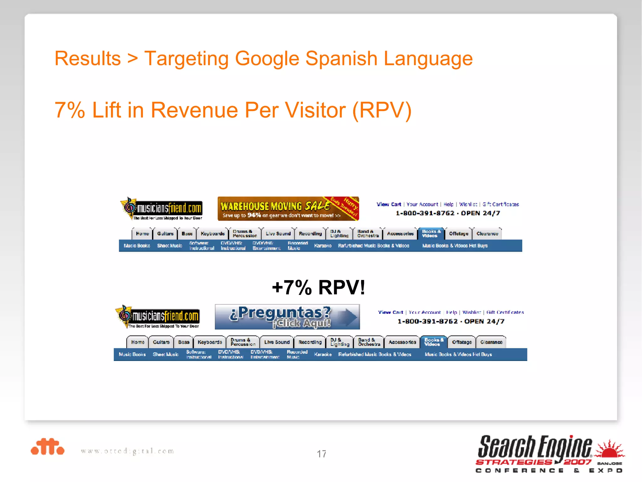Results > Targeting Google Spanish Language 7% Lift in Revenue Per Visitor (RPV) +7% RPV! 