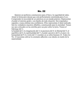 No. 22
Quieren ser perfectos constructores para el bien y la seguridad de todos.
Aman la forma pero desean que esté perfectamente constituida para el uso.
Comprenden la necesidad de ser prácticos en un mundo práctico. Representan
el poder al máximo grado y son dueños de toda situación. Son respetados»
seguidos y nunca delatan una confidencia. Ellos representan el ideal realizado.
Son los verdaderos maestros albañiles, construyendo para la eternidad. Tienen
sus ojos colocados en las estrellas pero sus pies sobre la tierra. Tienen el
liderazgo del 1;
la bondad del 2; la imaginación del 3; la paciencia del 4; la libertad del 5; el
equilibrio del 6; la espiritualidad del 7; el poder ejecutivo del 8; el amor a la
humanidad del 9; la visión del 11 reunidos en su sobre-humano 22. Todos los
No. 22 necesitan cultivar la constante adhesión a sus ideales en medio de la
materialidad.
 