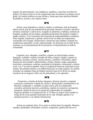 ángulos de aproximación, son simpáticos, amables y caen bien en todos los
grupos. Su mayor éxito es en las ocupaciones que los ponen en contacto con la
gente. Se sienten infelices en una oficina y tienen que tener perfecta libertad
de palabra y acción y son viajeros natos.
Nº6
Artista, actor dramático o músico, médico o enfermera, jefe de hospital,
obrero social, jefe de una institución de personal, maestro o escritor, ejecutivo
de hotel, restauran! o salón de té, ocupado en alimentos y bebidas, matrona de
hospital, ayudante de las madres, guardián profesional (de kinder) el padre o
madre cósmica. Los 6 necesitan una situación de responsabilidad y confianza.
Ellos regulan, armonizan y ajustan, tienen éxito en todas las ocupaciones
conectadas con el hogar, instituciones o proyectos que tiendan a mejorar las
condiciones materiales, civiles, educacionales. Se interesan en el cuido de los
ancianos, en el entrenamiento de la juventud y el mejoramiento en toda la
comunidad.
Nº7
Legalista, juez, abogado, científico, experto en electricidad o minas,
banquero, contador, experto corredor de bolsa, relojero, tejedor, experto en
alfombras, inventor, escritor, escritor técnico, científico o filosófico, editor.
Decano de universidad o administrador, clérigo, obispo o papa, naturalista,
horticultor, astrónomo, ocultista, autoridad en religiones, ceremonial y música
sacra. Los 7 nos dan la palabra- final en cualquiera forma de expresión en que
actúen. Son perfeccionistas y no hablan hasta que no estén seguros. Se sienten
cómodos en cualquier línea de trabajo ejecutivo que no lo lleven al campo
mecánico de un negocio. Ellos son los pensadores y los sapientes.
Nº8
Financiero, corredor de bolsa, banquero, director ejecutivo, magnate
comercial, constructor o dueño de valores y ferrocarriles; manufacturero, fa-
bricante, comprador y vendedor en gran escala, jefe de corporación,
consultor, promotor ejecutivo, periodista, experto en comercio, navegación,
transporte, patrón de arte en lo comercial, organizador de caridades.
Negocios grandes es el slogan del No. 8. El tiene su mayor éxito cuando se
ocupa de las cosas grandes materiales de la vida. Siempre ganará si se
mantiene positivo y no admite limitaciones.
Nº9
Artista en cualquier línea. Si es actor se inclina hacia la tragedia. Maestro,
sanador, predicador, reformador, escritor, compositor, patrón del arte en el
 