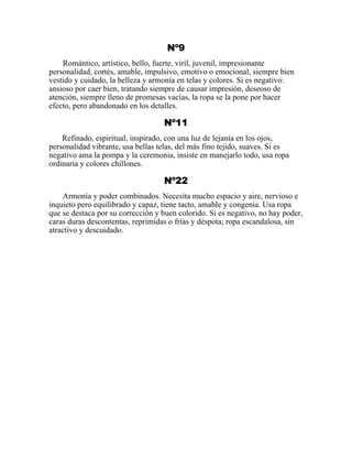 Nº9
Romántico, artístico, bello, fuerte, viril, juvenil, impresionante
personalidad, cortés, amable, impulsivo, emotivo o emocional, siempre bien
vestido y cuidado, la belleza y armonía en telas y colores. Si es negativo:
ansioso por caer bien, tratando siempre de causar impresión, deseoso de
atención, siempre lleno de promesas vacías, la ropa se la pone por hacer
efecto, pero abandonado en los detalles.
Nº11
Refinado, espiritual, inspirado, con una luz de lejanía en los ojos,
personalidad vibrante, usa bellas telas, del más fino tejido, suaves. Si es
negativo ama la pompa y la ceremonia, insiste en manejarlo todo, usa ropa
ordinaria y colores chillones.
Nº22
Armonía y poder combinados. Necesita mucho espacio y aire, nervioso e
inquieto pero equilibrado y capaz, tiene tacto, amable y congenia. Usa ropa
que se destaca por su corrección y buen colorido. Si es negativo, no hay poder,
caras duras descontentas, reprimidas o frías y déspota; ropa escandalosa, sin
atractivo y descuidado.
 