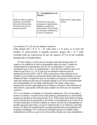 Poder en todos los planos,
idealismo, practicidad,
dirección internacional,
elevación universal, el
maestro material
22 – (Cumplimiento en la
Materia
Promoción (trucos para
enriquecerse rápidamente),
hablador, complejo de
inferioridad, servicio hecho
de mala gana, indiferencia,
(véase el 4 negativo).
Depravación, magia negra,
crimen.
Los números 11 y 22 son los números maestros
Cada número del 1 al 9, 11 - 22, cabe entre 1 y 9; nueve es el ciclo del
hombre, el micro-cosmos o pequeño universo, porque del 1 al 9 están
incluidas todas las experiencias de que son capaces. El 9 es la raíz cuadrada
(hombre) de la Trinidad (Dios).
El 10 se reduce a 1 pero está en un plano más alto porque marca el
regreso a la unidad de la cual se desprenden todas las cosas. Cuando en
numerología nos encontramos con un 10, lo reducimos a 1, pero nos
acordamos que es 10 y no simplemente 1. Pero hay dos números que no se
reducen que son el 11 y el 22 que son los números maestros que no
pertenecen al nivel del 2 y del 4. Todo el que posee estos números en su
nombre o en su fecha de nacimiento deben saber que están dotados con cua-
lidades de líder o inspiración que no son dados a la mayoría. La misión de
estos dos números cada uno en su propio ángulo es el servicio desinteresado
por la humanidad; les son dados únicamente a las almas viejas cuyas
experiencias las han capacitado para ser líderes y maestros. Son números de
alta tensión y gran poder, difíciles para cumplir con ellos por sus requisitos
estrictos.
El 11 es el místico, el soñador, el visionario impráctico. Vive en las nubes y
recibe sus ideales y visiones de los altos planos, generalmente es clarividente
aunque no siempre se da cuenta de que lo es. Tiene poder para darle al mundo
una revelación por lo cual puede o no recibir su recompensa en la Tierra. Si él
no busca nada para él mismo y dedica su vida al servicio de la humanidad, es
posible que gane gran fama, ya que la vibración del 11 es eléctrica y de largo
alcance. Si busca el escenario para su propia glorificación será golpeado por
su propio relámpago. El 11 tiene poca consideración por el tiempo, lugar,
compromisos, la hora, ya que vive en las nubes, donde esas cosas responden a
 