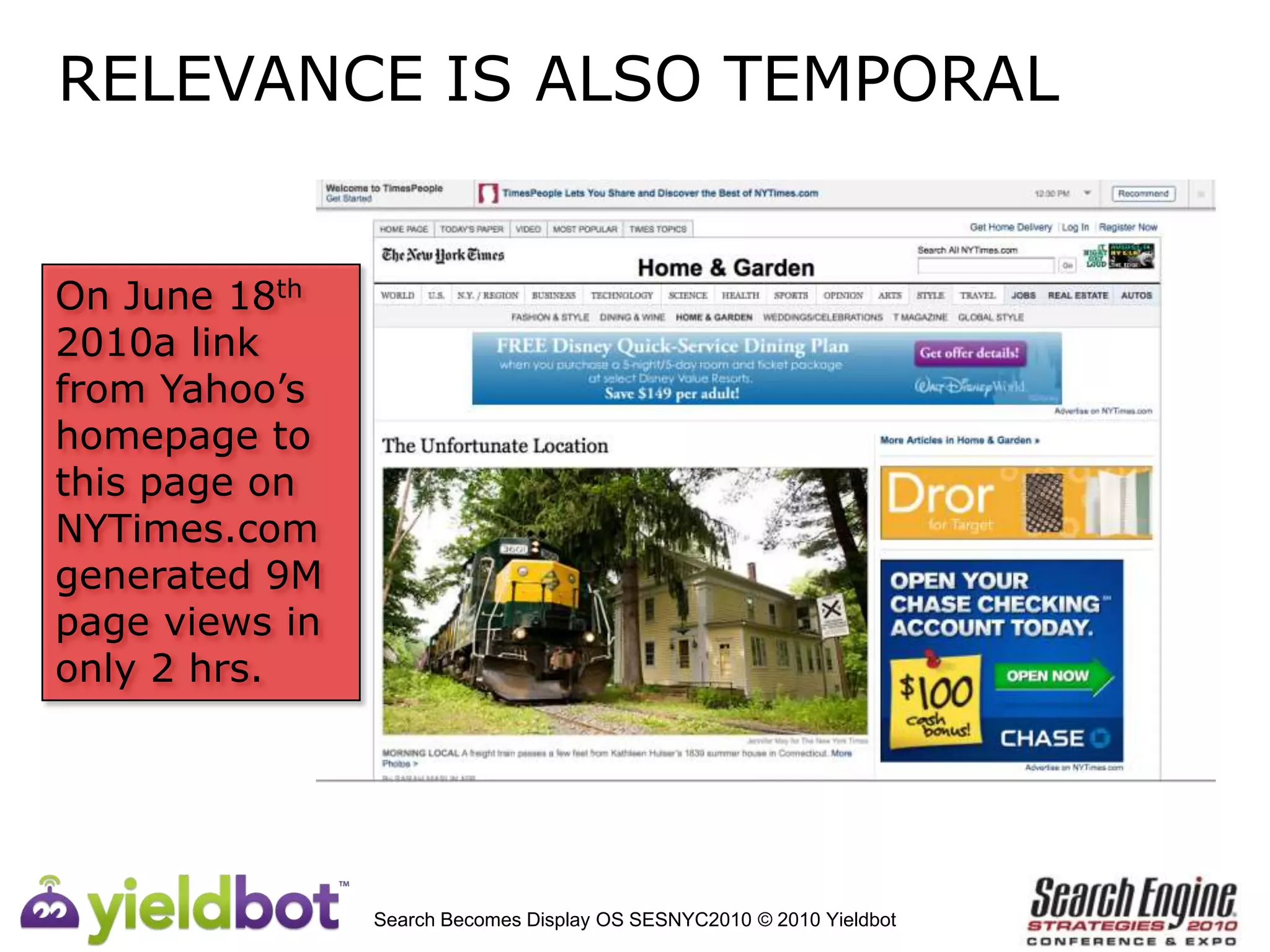 RELEVANCE IS ALSO TEMPORALOn June 18th 2010a link from Yahoo’s homepage to this page on NYTimes.com generated 9M page views in only 2 hrs. Search Becomes Display OS SESNYC2010 © 2010 Yieldbot