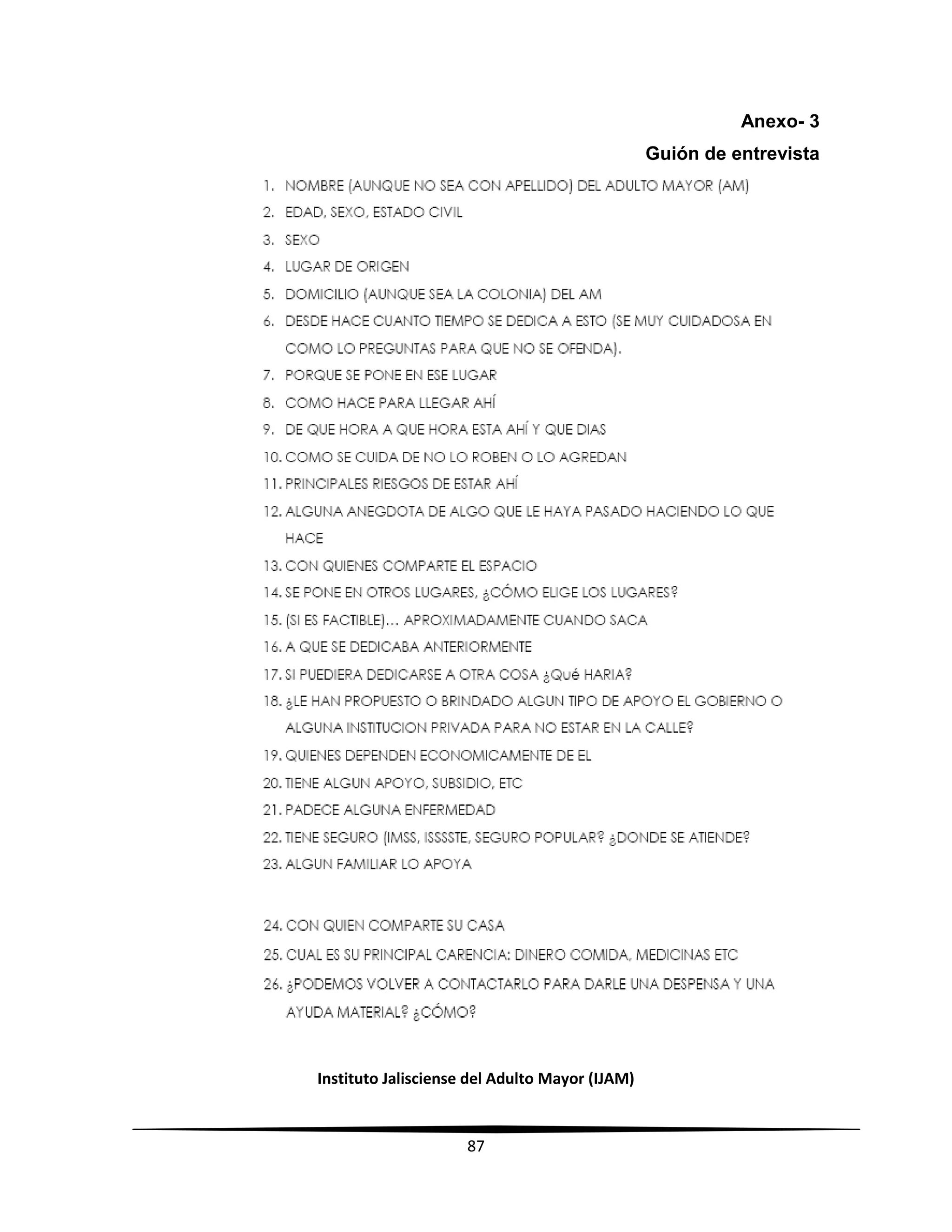 Instituto Jalisciense del Adulto Mayor (IJAM)
87
Anexo- 3
Guión de entrevista
 