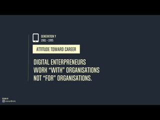 Digital Enterpreneurs
Work “with” organisations
not “for” organisations.
Attitude toward career
GENERATION Y
1981 - 1995
Design by
minorBrick
 