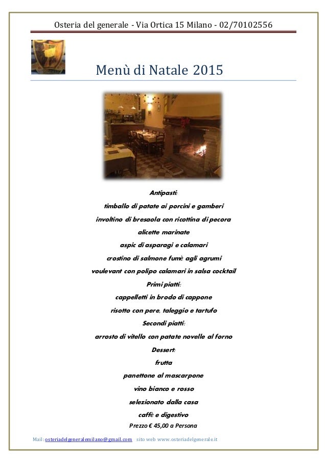 Menu Di Natale Milano.Menu Di Natale 2015 Osteria Del Generale Milano Via Ortica 15