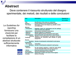 Abstract
Deve contenere il riassunto strutturato del disegno
sperimentale, dei metodi, dei risultati e delle conclusioni
Item Description Reported on
line number
Title Identification of the study as randomized
Authors * Contact details for the corresponding author
Trial design Description of the trial design (e.g. parallel, cluster,
non-inferiority)
Methods
Participants Eligibility criteria for participants and the settings
where the data were collected
Interventions Interventions intended for each group
Objective Specific objective or hypothesis
Outcome Clearly defined primary outcome for this report
Randomization How participants were allocated to interventions
Blinding
(masking)
Whether or not participants, care givers, and those
assessing the outcomes were blinded to group
assignment
Results
Numbers
randomized
Number of participants randomized to each group
Recruitment Trial status
Numbers
analysed
Number of participants analysed in each group
Outcome For the primary outcome, a result for each group
and the estimated effect size and its precision
Harms Important adverse events or side effects
Conclusions General interpretation of the results
Trial registration Registration number and name of trial register
Funding Source of funding
Le Guidelines for
reporting
forniscono una
check-list per
facilitare la
compilazione di un
abstract strutturato
sufficientemente
informativo
 