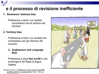 e il processo di revisione inefficiente
1. Reviewers’ believes bias
Preferenza a studi i cui risultati
concordano con le opinioni del
revisore
2. Territory bias
Preferenza a studi i cui risultati non
contrastano con gli interessi del
revisore
3. Anglosaxon and Language
Bias
Preferenza a studi ben scritti e che
provengono da Paesi di lingua
inglese
Goldbeck-Wood S. Evidence on peer review-scientific
quality control or smokescreen? BMJ. 1999 Jan
 