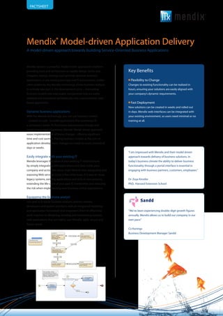 FACTSHEET




Mendix® Model-driven Application Delivery
A model-driven approach towards building Service-Oriented Business Applications


Mendix delivers a powerful, model-driven application platform
providing tools and architecture to rapidly design, build, test,       Key Benefits
integrate, deploy, manage and optimize dynamic business
applications in any existing business and IT environment. Unlike         Flexibility to Change
other platforms, the Mendix technology allows business analysts        Changes to existing functionality can be realized in
to actively take part in the development cycle —translating            hours, ensuring your solutions are easily aligned with
business models into executable components that are easily             your company’s dynamic requirements.
adapted and assembled automatically into a personalized, web-
based application                                                        Fast Deployment
                                                                       New solutions can be created in weeks and rolled out
Dynamic business applications                                          in days. Mendix web-interfaces can be integrated with
With the Mendix technology, you can use business models                your existing environment, so users need minimal or no
– instead of code - to build applications that seamlessly fit          training at all.
a company’s needs. As functional requirements change and
applications need adaptation, Mendix’ Model-driven approach
eases implementation of those changes - offering significant
time and cost savings. Placing business models at the core of
application development, changes are made in hours, instead of
days or weeks.
                                                                       “I am impressed with Mendix and their model driven
Easily integrate with your existing IT                                 approach towards delivery of business solutions. In
Mendix leverages the value of your existing IT infrastructure          today’s business climate the ability to deliver business
by simply integrating with applications and data inside your           functionality through a portal interface is essential in
company and across the value chain. Next to that, integrating and      engaging with business partners, customers, employees.”
exposing Web services is just a few clicks away. It is easy to reuse
legacy systems, existing applications and skills in new projects,      Dr. Zoya Kinstler
extending the life-cycle of your past IT investments and reducing      PhD, Harvard Extension School
the risk when implementing new business-critical applications.


Equipping the business analyst
Our goal is to equip business analysts, process owners,
developers and system architects with an integrated modeling
and application framework that empowers them to effectively            “We’ve been experiencing double-digit growth figures
work together in designing, building and maintaining scalable          annually. Mendix allows us to build our company in our
web applications that are highly user-friendly, agile, secure and      own pace.”
future-proof.
                                                                       Co Konings
                                                                       Business Development Manager Sandd
 