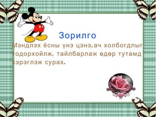 Зорилго
Мэндлэх ёсны үнэ цэнэ , ач холбогдлыг
тодорхойлж , тайлбарлаж өдөр тутамд
хэрэглэж сурах .
 