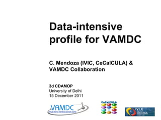 Data-intensive
profile for VAMDC

C. Mendoza (IVIC, CeCalCULA) &
VAMDC Collaboration


3d CDAMOP
University of Delhi
15 December 2011
 
