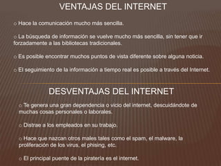 VENTAJAS DEL INTERNET
DESVENTAJAS DEL INTERNET
o Hace la comunicación mucho más sencilla.
o La búsqueda de información se vuelve mucho más sencilla, sin tener que ir
forzadamente a las bibliotecas tradicionales.
o Es posible encontrar muchos puntos de vista diferente sobre alguna noticia.
o El seguimiento de la información a tiempo real es posible a través del Internet.
o Te genera una gran dependencia o vicio del internet, descuidándote de
muchas cosas personales o laborales.
o Distrae a los empleados en su trabajo.
o Hace que nazcan otros males tales como el spam, el malware, la
proliferación de los virus, el phising, etc.
o El principal puente de la piratería es el internet.
 