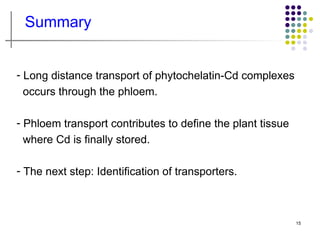 Summary


- Long distance transport of phytochelatin-Cd complexes
  occurs through the phloem.

- Phloem transport contributes to define the plant tissue
  where Cd is finally stored.

- The next step: Identification of transporters.



                                                            15
 