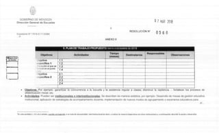 GOBIERNO DE MENDOZA
DirecciOn General de Escuelas 0 7 MAR 2018
9
Expediente N° 17216-D-17-02369
RESOLUCION N°
0 5 6 6
...///
ANEXO II
Objetivos
5. PLAN DE TRABAJO PROPUESTO
Actividades'
/MAYO A DICIEMBRE
Tiempo
(meses)
DE 2018
Destinatarios
Responsables
Observaciones
Objetivo 1.1.
especifico 1: 1. 2.
(transcribir e/ que se 1 .3.
formulO en el punto
4.2.)
1.4.
Objetivo 2.1.
especifico 2 2.2.
2.3.
2.4.
•••
• Objetivos: Por ejemplo: garantizar la concurrencia a la escuela y la asistencia regular a clases; disminuir la repitencia...; fortalecer los procesos de
alfabetizaciOn inicial; etc.
• Actividades: Pueden ser institucionales o interinstitucionales. Se describen de manera sintètica, por ejemplo: Desarrollo de mesas de gest& educativa
institucional; aplicaciOn de estrategias de acompanamiento docente; implementation de nuevos modos de agrupamiento o escenarios educativos para
///...
lEn cada punto(1.1., 1.2, etc.) serialar, cuando corresponda, si se trata de una actividad interinstitucional (es decir, a realizar de manera cooperativa con otras instituciones) y, a continuation, describir la action a desarrollar.
 