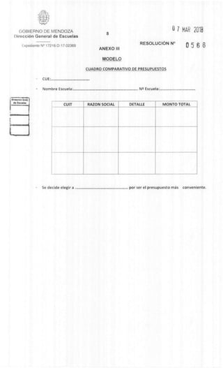 IDirsceicin Gra'.
N Enveles
k
GOBIERNO DE MENDOZA
DirecciOn General de Escuelas
8
0 7 MAR 2018
Expediente N° 17216-D-17-02369
ANEXO III
RESOLUCION N°
0566
MODELO
CUADRO COMPARATIVO DE PRESUPUESTOS
- CUE•
Nombre Escuela . N2 Escuela•
CUIT RAZON SOCIAL DETALLE MONTO TOTAL
- Se decide elegir a por ser el presupuesto mas conveniente.
 