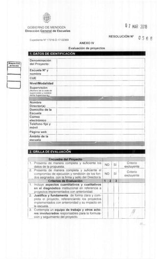 GOBIERNO DE MENDOZA
DirecciOn General de Escuelas
Expediente N° 17216-D-17-02369
0 7 MAR 2018
RESOLUCION N° 5 6 6
ANEXO IV
EvaluaciOn de proyectos
1. DATOS DE IDENTIFICACION
DenominaciOn
del Proyecto:
Escuela N° y
nombre
CUE
Nivel/Modalidad
Supervision
(Numero de la sede de
supervision y nombre
del/la Supervisor/a. _
Nombre
Director(a)
Domicilio de Ia
Escuela
Correo
electrOnico
Telefono fijo y
mewl!
Pegina web
Ambito de Ia
escuela
2. GRILLA DE EVALUACION
Encuadre del Proyecto
i
1. Presenta de manera completa y suficiente los
datos de la propuesta.
NO
Criterio
excluyente
Criterio
excluyente
2. Presenta de manera completa y suficiente el
compromiso de ejecuciOn y rendiciOn de los fon-
dos asignados con la firma y sello del Director/a
NO Si
Criterios de EvaluaciOn 1 2 3
1. Incluye aspectos cuantitativos y cualitativos
en el diagnOstico institucional en referencia a
proyectos implementados con anterioridad.
2. Justifica y fundamenta de forma clara y corn-
pleta el proyecto, referenciando los proyectos
implementados con anterioridad y su impacto en
Ia escuela.
3. Contempla un equipo de trabajo y otros acto-
res involucrados responsables para Ia formula-
ciOn y seguimiento del proyecto.
OlraklinGml
e•suehm
 