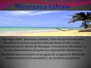 Nicaragua tiene hermosas ciudades, entre las que encontramos
Bluefields la cual se encuentra ubicada frente al mar Caribe a
aproximadamente 380km de Managua. Actualmente Bluefields es
la sede administrativa del gobierno regional del atlántico sur
Bluefields tiene un puerto en las aguas de la laguna de Bluefields
donde termina el rio escondido y un moderno aeropuerto.
 