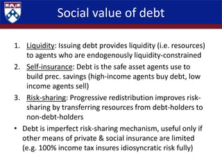 Social value of debt
1. Liquidity: Issuing debt provides liquidity (i.e. resources)
to agents who are endogenously liquidi...