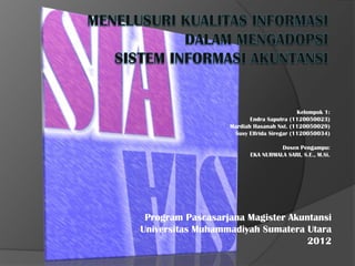 Kelompok 1:
                         Endra Saputra (1120050023)
                  Mardiah Hasanah Nst. (1120050029)
                   Susy Elfrida Siregar (1120050034)

                                   Dosen Pengampu:
                         EKA NURMALA SARI, S.E., M.Si.




 Program Pascasarjana Magister Akuntansi
Universitas Muhammadiyah Sumatera Utara
                                   2012
 