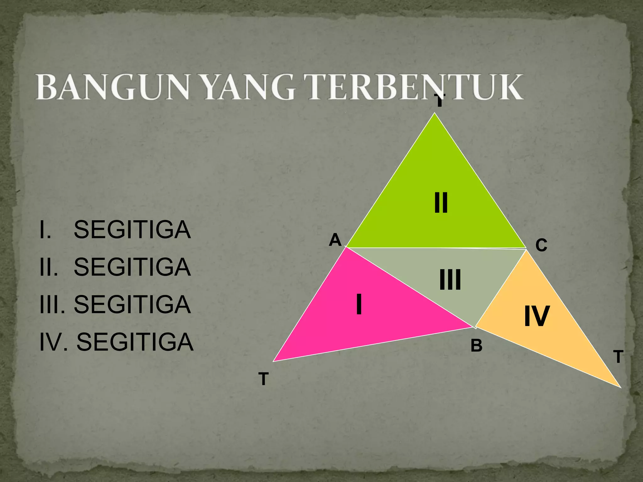T




                            II
I. SEGITIGA         A                 C
II. SEGITIGA
                            III
III. SEGITIGA           I             IV
IV. SEGITIGA                      B
                                           T
                T
 