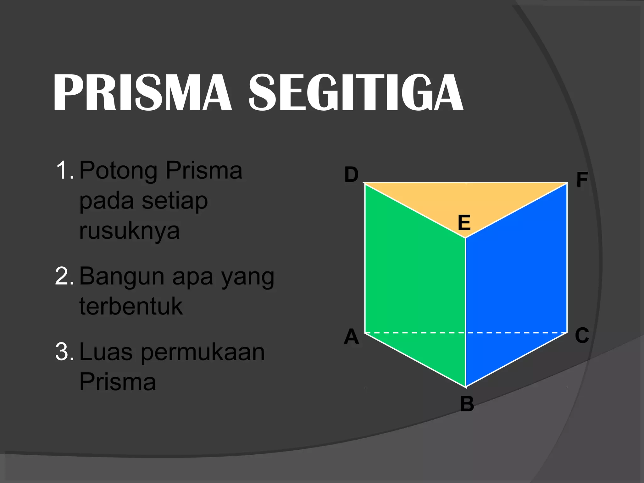 PRISMA SEGITIGA
1. Potong Prisma     D       F
   pada setiap
   rusuknya              E

2. Bangun apa yang
   terbentuk
                     A       C
3. Luas permukaan
   Prisma
                         B
 