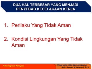DUA HAL TERBESAR YANG MENJADI PENYEBAB KECELAKAAN KERJATeknologi dan RekayasaPerilaku Yang TidakAmanKondisi Lingkungan Yang Tidak Aman