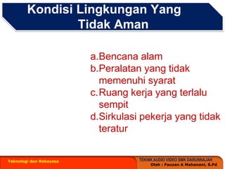 Kondisi Lingkungan Yang Tidak AmanTeknologi dan RekayasaBencanaalamPeralatan yang tidakmemenuhisyaratRuangkerja yang terlalusempitSirkulasipekerja yang tidakteratur