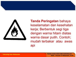 Teknologi dan RekayasaTandaPeringatanbahayakeselamatandankesehatankerja; Berbentuksegitigadenganwarnahitamdiataswarnadasarputih. Contoh; mudahterbakaratauawasapi