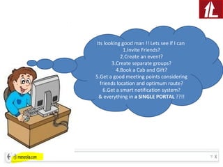 Its looking good man !! Lets see if I can
1.Invite Friends?
2.Create an event?
3.Create separate groups?
4.Book a Cab and Gift?
5.Get a good meeting points considering
friends location and optimum route?
6.Get a smart notification system?
& everything in a SINGLE PORTAL ??!!
 