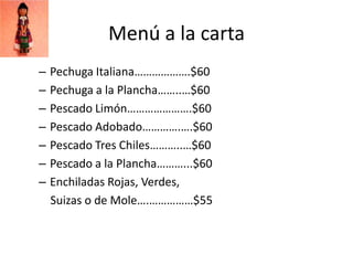 Menú a la carta
–   Pechuga Italiana……………….$60
–   Pechuga a la Plancha……..…$60
–   Pescado Limón………………….$60
–   Pescado Adobado………….….$60
–   Pescado Tres Chiles………..…$60
–   Pescado a la Plancha………...$60
–   Enchiladas Rojas, Verdes,
    Suizas o de Mole….……………$55
 