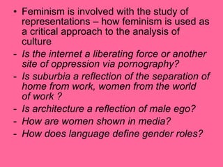 Feminism is involved with the study of representations – how feminism is used as a critical approach to the analysis of culture Is the internet a liberating force or another site of oppression via pornography? Is suburbia a reflection of the separation of home from work, women from the world  of work ? Is architecture a reflection of male ego? How are women shown in media? How does language define gender roles? 
