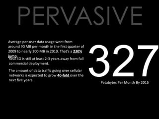 327 Petabytes Per Month By 2015 Average per-user data usage went from around 90 MB per month in the first quarter of 2009 to nearly 300 MB in 2010. That's a  230% jump . Real 4G is still at least 2-3 years away from full commercial deployment. The amount of data traffic going over cellular networks is expected to grow  40-fold  over the next five years.  