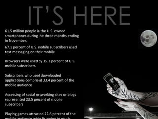 61.5 million people in the U.S. owned smartphones during the three months ending in November. 67.1 percent of U.S. mobile subscribers used text messaging on their mobile  Browsers were used by 35.3 percent of U.S. mobile subscribers  Subscribers who used downloaded applications comprised 33.4 percent of the mobile audience  Accessing of social networking sites or blogs represented 23.5 percent of mobile subscribers Playing games attracted 22.6 percent of the mobile audience while listening to music attracted 15.0 percent. 