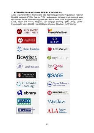 10
3. PERPUSTAKAAN NASIONAL REPUBLIK INDONESIA
Akses ke jurnal elektronik Internasional bisa diperoleh juga melalui Perpustakaan Nasional
Republik Indonesia (PNRI). Saat ini PNRI berlangganan berbagai jurnal elektronik yang
bisa diakses secara gratis oleh anggota PNRI. Berikut daftar jurnal langganan perpusnas :
SAGE, Taylor and Francis, Proquest, Gale-Cengage Learning, @My Library, Ulrichs-
Periodicals Directory, EBSCO Host, IGI Global, Westlaw, ISEAS dan ALA Publishing
 