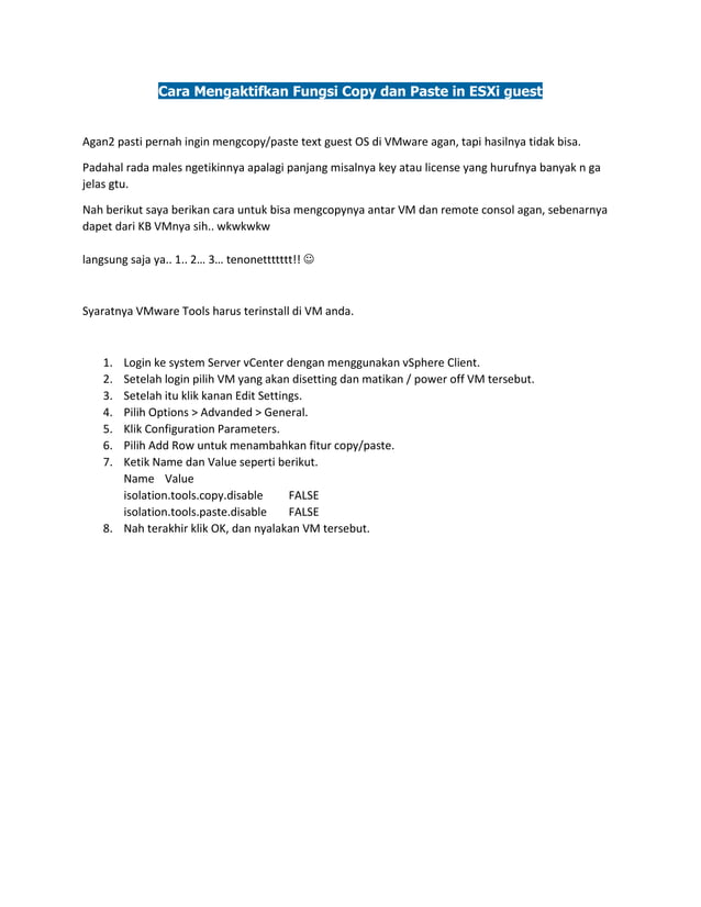 Mengaktifkan fungsi copy dan paste in ESXI guest | PDF