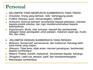 Personal
1. KELOMPOK YANG MEMPUNYAI SUMBERDAYA YANG TINGGI :
 Actualizer. Orang yang berhasil, teliti, bertanggung jawab.
 Fulfiled. Dewasa, puas, menyenangkan, reflektif.
 Achievers. Karirnya berhasil, beroritentasi kepada pekerjaan, orientasi
kepada produk prestise, dan ingin mendemonstrasikan kepada
kelompoknya.
 Experiencers. Muda, vital, antusias, impulsif dan pemberontak.
sebagian besar pendapatan untuk pakaian, makanan cepat saji, musik,
film, dan video.
2. KELOMPOK DENGAN SUMBERDAYA YANG RENDAH
 Believers. Konservatif, konvensional, dan tradisional. Keluarga lebih
suka merek yang mapan.
 Strievers. Tidak tentu, tidak aman, mencari persetujuan, berorientasi
kepada sumberdaya.
 Makers. Praktis, mandiri, tradisional, berorientasi kepada keluarga.
 Strugglers. Lebih tua, pensiun, pasif, dan mempertimbangkan
 Kekurangan sumberdaya.
 