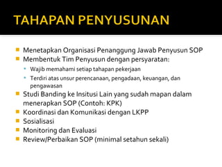  Menetapkan Organisasi Penanggung Jawab Penyusun SOP 
 Membentuk Tim Penyusun dengan persyaratan: 
 Wajib memahami setiap tahapan pekerjaan 
 Terdiri atas unsur perencanaan, pengadaan, keuangan, dan 
pengawasan 
 Studi Banding ke Insitusi Lain yang sudah mapan dalam 
menerapkan SOP (Contoh: KPK) 
 Koordinasi dan Komunikasi dengan LKPP 
 Sosialisasi 
 Monitoring dan Evaluasi 
 Review/Perbaikan SOP (minimal setahun sekali) 
 
