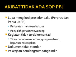 Lupa mengikuti prosedur baku (Perpres dan 
Perka LKPP) 
 Perbuatan melawan hukum 
 Penyalahgunaan wewenang 
Kegiatan tidak terdokumentasi 
 Tidak dapat mempertanggungjawabkan 
keputusan/kebijakan 
Dokumen tidak standar 
Pekerjaan berulang/tumpang tindih 
 