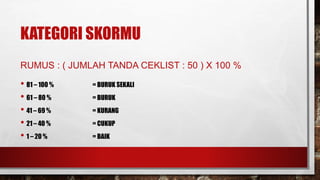 KATEGORI SKORMU
RUMUS : ( JUMLAH TANDA CEKLIST : 50 ) X 100 %
• 81 – 100 % = BURUK SEKALI
• 61 – 80 % = BURUK
• 41 – 69 % = KURANG
• 21 – 40 % = CUKUP
• 1 – 20 % = BAIK
 