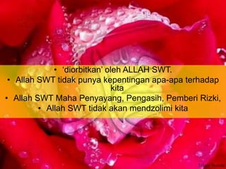 • „diorbitkan‟ oleh ALLAH SWT.
• Allah SWT tidak punya kepentingan apa-apa terhadap
kita
• Allah SWT Maha Penyayang, Pengasih, Pemberi Rizki,
• Allah SWT tidak akan mendzolimi kita

 