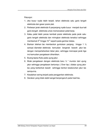 Mengelas Posisi Datar dan Fillet
SMK Bidang Tehnik Perkapalan Program Keahlian Las Kapal 10
Petunjuk :
1. Jika busur nyala telah terjadi, tahan elektroda satu garis tengah
elektroda dan geser posisi plat.
2. Perbesar jarak elektroda 9 perpanjang nyala busur menjadi dua kali
garis tengah elektroda untuk memanaskan pelat kerja.
3. Kalau pelat telah panas kembali posisi elektroda pada jarak satu
garis tengah elektroda dan miringkan elektroda tersebut sehingga
membentuk 50
hingga 10 0
seperti pada gambar diatas.
4. Biarkan lelehan las membentuk gundukan panjang hingga 1 ½
sampai diameter elektroda kemudian bergerak kearah jalur las
dengan mempertahankan lebar jalur, sehingga mencapai jarak tiga
inci kemudian pengelasan dihentikan.
5. Buang lapisa fluks pada ujung jalur.
6. Mulai pengelasan dengan elektroda baru ½ “ mundur dari ujung
jalur sehingga pengelasan bertumpu ( Over lap ) diatas ujung jalur
las yang berbentuk kawah sehingga bentuk keseluruhan jalur las
sempurna.
7. Kesalahan sering terjadi pada penggantian elektroda.
8. Gerakan yang tidak stabil sangat berpengaruh pada hasil las.
 